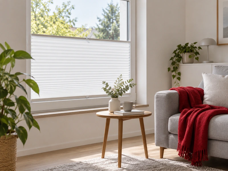 Wohnzimmer mit weißem Plissee am Fenster und roter Decke auf dem Sofa