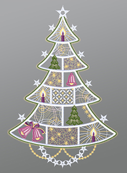 Fensterbild aus Plauener Spitze - Geschmückter Weihnachtsbaum #1W mehrfarbig