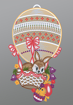 Fensterbild aus Plauener Spitze - Hase im Heißluftballon und Küken #1W mehrfarbig