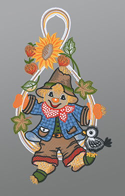 Fensterbild aus Plauener Spitze - Vogelscheuche mit Herbstlaub und Vögelchen #1W mehrfarbig