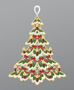 Fensterbild aus Plauener Spitze - Festlich geschmückter Tannenbaum #1W mehrfarbig