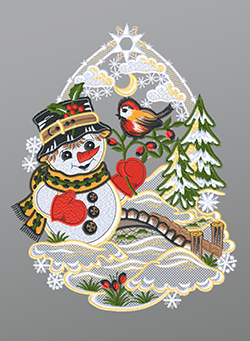 Fensterbild aus Plauener Spitze - Schneemann mit Vögelchen #1W mehrfarbig