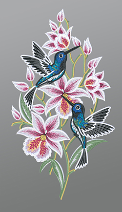 Fensterbild aus Plauener Spitze - Kolibris mit Orchideen #1W mehrfarbig