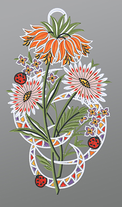Fensterbild aus Plauener Spitze - Kaiserkrone mit Marienkäfern #1W mehrfarbig