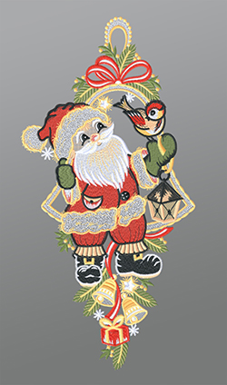 Fensterbild aus Plauener Spitze - Weihnachtsmann mit Vögelchen #1W mehrfarbig