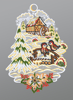 Fensterbild aus Plauener Spitze - Wassermühle in Winterlandschaft #1W mehrfarbig