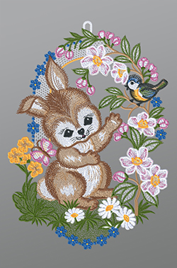 Fensterbild aus Plauener Spitze - Kleiner Hase mit Vögelchen #1W mehrfarbig
