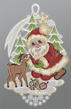 Fensterbild aus Plauener Spitze - Weihnachtsmann füttert Rehkitz #1W mehrfarbig