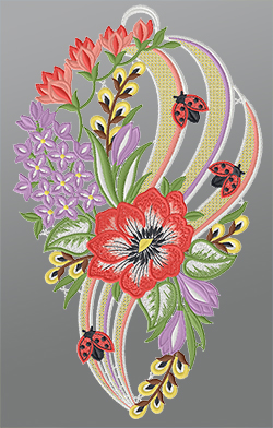 Fensterbild aus Plauener Spitze - Sommerblumen mit Marienkfer #1W mehrfarbig