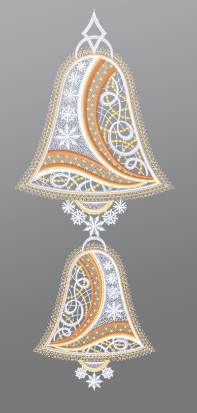 mehrfarbig Vorschau Fensterbild aus Plauener Spitze® - Weihnachtsglocken mit Schneeflocken #1W mehrfarbig mehrfarbig