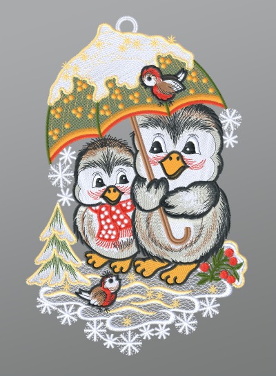 mehrfarbig Vorschau Fensterbild aus Plauener Spitze® - Pinguinpaar mit Schirm #1W mehrfarbig mehrfarbig