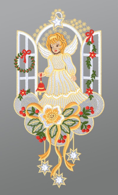 mehrfarbig Vorschau Fensterbild aus Plauener Spitze® - Christkind mit Weihnachtsglöckchen #1W mehrfarbig mehrfarbig
