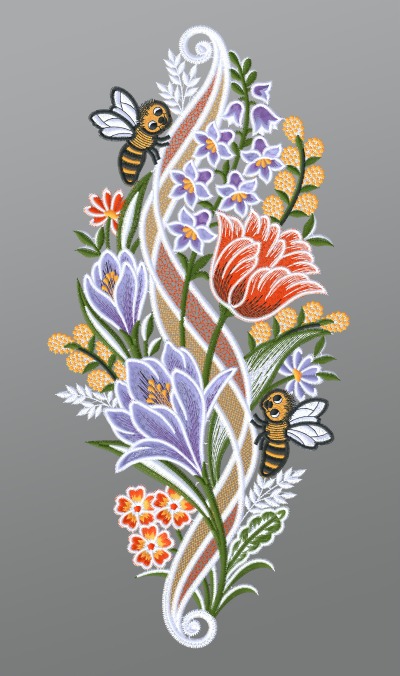 mehrfarbig Vorschau Fensterbild aus Plauener Spitze® - Lilien mit Bienen #1W mehrfarbig mehrfarbig