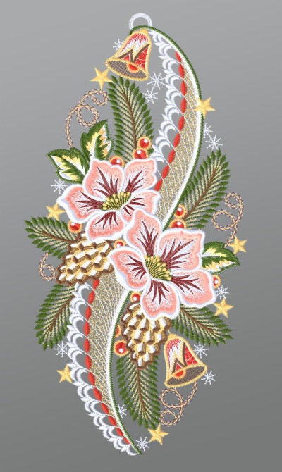 mehrfarbig Vorschau Fensterbild aus Plauener Spitze® - Christrosen mit Tannenzapfen #1W mehrfarbig mehrfarbig