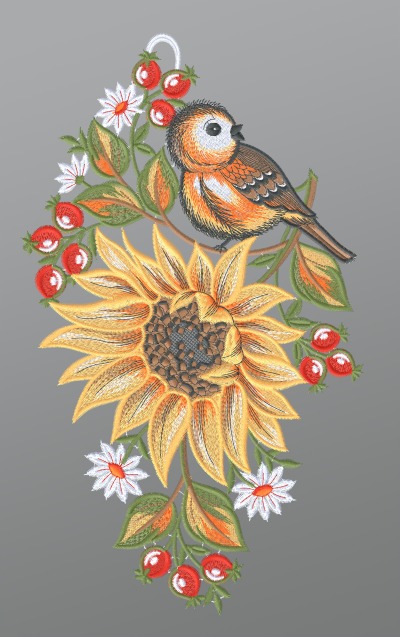 mehrfarbig Vorschau Fensterbild aus Plauener Spitze® - Sonnenblume mit Vögelchen #1W mehrfarbig mehrfarbig