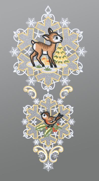 mehrfarbig Vorschau Fensterbild aus Plauener Spitze® - Rehkitz mit Vögelchen und Schneekristallen #1W mehrfarbig mehrfarbig