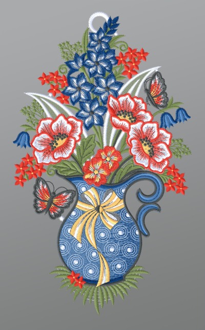 mehrfarbig Vorschau Fensterbild aus Plauener Spitze® - Blumenstrauß in Kanne #1W mehrfarbig mehrfarbig