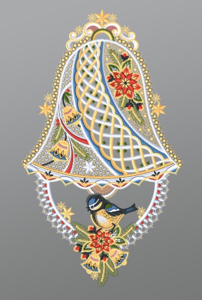 mehrfarbig Vorschau Fensterbild aus Plauener Spitze® - Glocke mit Blaumeise #1W mehrfarbig mehrfarbig