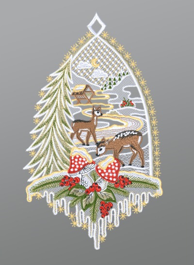mehrfarbig Vorschau Fensterbild aus Plauener Spitze® - Rehe mit Tannenbaum #1W mehrfarbig mehrfarbig