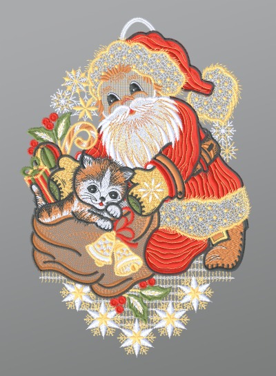 mehrfarbig Vorschau Fensterbild aus Plauener Spitze® - Weihnachtsmann mit Kätzchen #1W mehrfarbig mehrfarbig