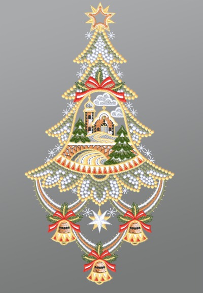 mehrfarbig Vorschau Fensterbild aus Plauener Spitze® - Weihnachtsbaum mit Kirche #1W mehrfarbig mehrfarbig