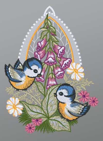 mehrfarbig Vorschau Fensterbild aus Plauener Spitze® - Blaumeisen Paar mit Fingerhut #1W mehrfarbig mehrfarbig