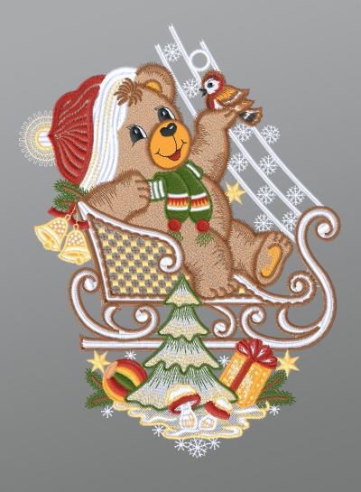mehrfarbig Vorschau Fensterbild aus Plauener Spitze® - Weihnachtsbär mit Schlitten #1W mehrfarbig mehrfarbig