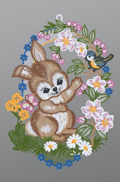 mehrfarbig Vorschau Fensterbild aus Plauener Spitze® - Kleiner Hase mit Vögelchen #1W mehrfarbig mehrfarbig