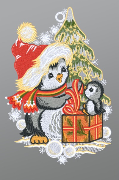 mehrfarbig Vorschau Fensterbild aus Plauener Spitze® - Weihnachtspinguine mit Geschenk #1W mehrfarbig mehrfarbig