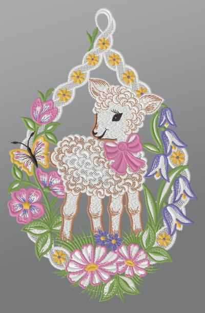 mehrfarbig Vorschau Fensterbild aus Plauener Spitze® - Osterlämmchen mit Blumen #1W mehrfarbig mehrfarbig