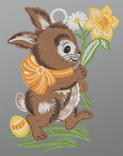 mehrfarbig Vorschau Fensterbild aus Plauener Spitze® - Hase mit Osterglocke #1W mehrfarbig mehrfarbig