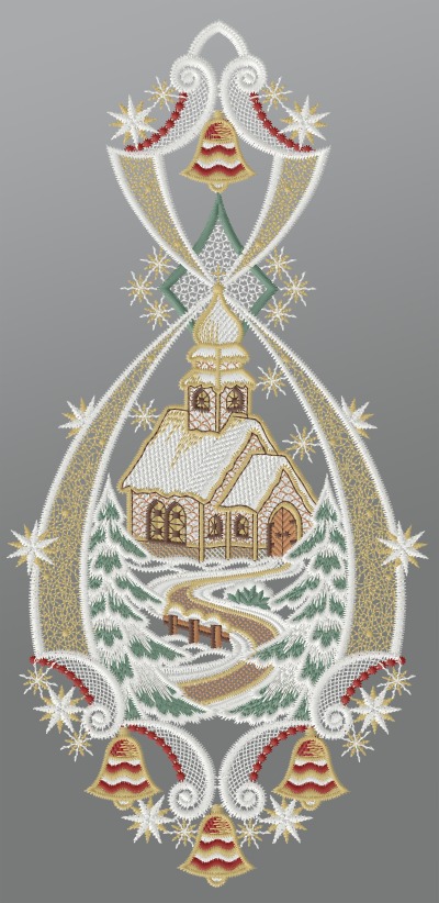 mehrfarbig Vorschau Fensterbild aus Plauener Spitze® - Kirche im Winterwald #1W mehrfarbig mehrfarbig