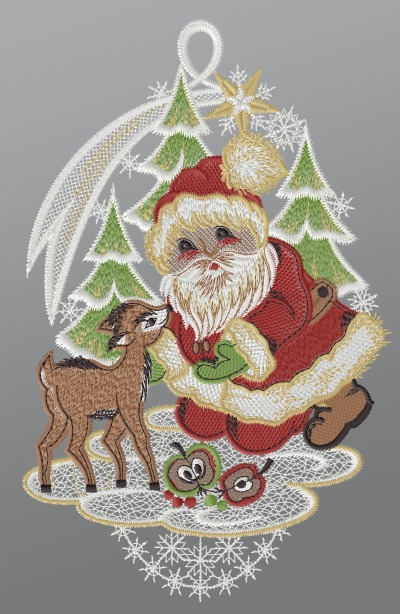 mehrfarbig Vorschau Fensterbild aus Plauener Spitze® - Weihnachtsmann füttert Rehkitz #1W mehrfarbig mehrfarbig