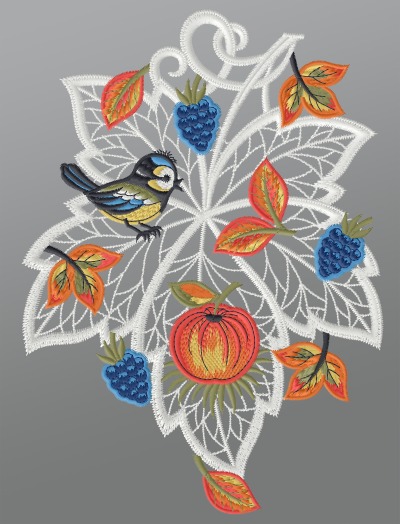 mehrfarbig Vorschau Fensterbild aus Plauener Spitze® - Herbstblatt mit Blaumeise #1W mehrfarbig mehrfarbig
