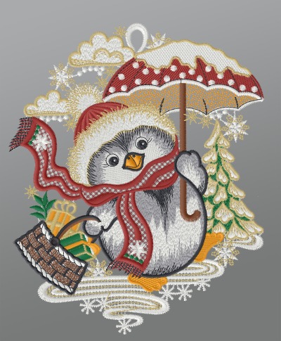 mehrfarbig Vorschau Fensterbild aus Plauener Spitze® - Pinguin bringt Geschenke #1W mehrfarbig mehrfarbig
