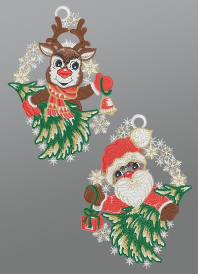 mehrfarbig Vorschau Fensterbild aus Plauener Spitze® - 2er Set Rudolph und Santa #1W mehrfarbig mehrfarbig