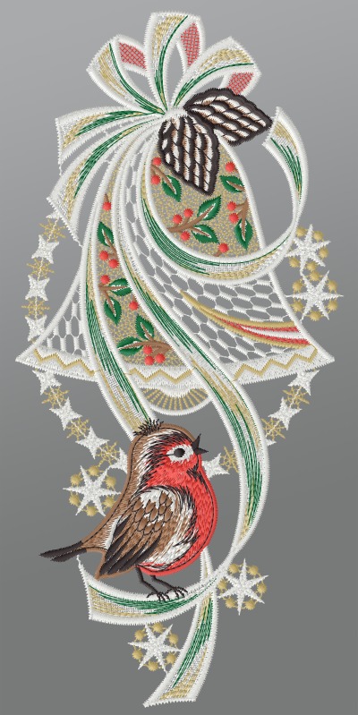 mehrfarbig Vorschau Fensterbild aus Plauener Spitze® - Weihnachtsglocke mit Rotkehlchen #1W mehrfarbig mehrfarbig