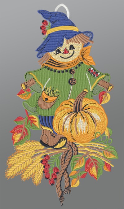 mehrfarbig Vorschau Fensterbild aus Plauener Spitze® - Herbstliche Vogelscheuche #1W mehrfarbig mehrfarbig
